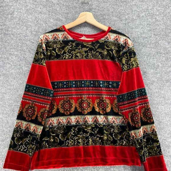 White Stag Blouse Women L Large Red Striped Crew Neck Long Sleeve Pullover - Picture 3 of 11